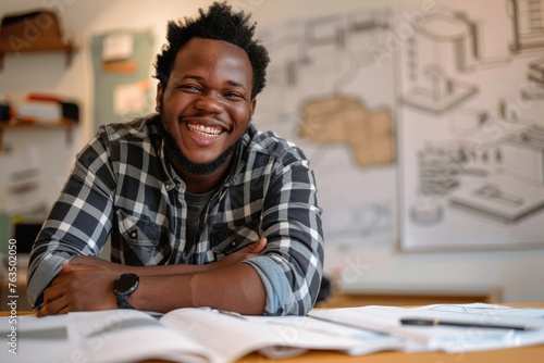 A joyful African man with a wide smile, sitting in an office with architectural drawings and a poster in the background