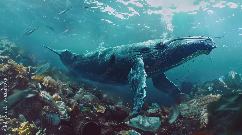 Fototapeta premium Whale stuck in garbage under the sea 