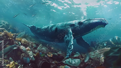 Whale stuck in garbage under the sea  © Phuwadon
