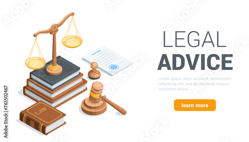isometric vector design of a web page on the topic of legal services and legal advice, in color on a white background, scales on books and a judge’s hammer