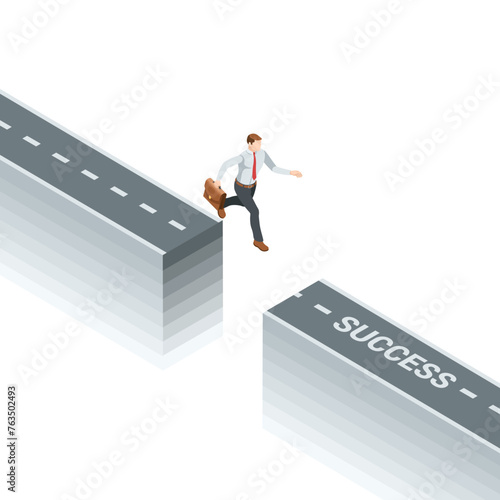 isometric business man jumping over an abyss, in color on a white background, overcoming obstacles in business success and risks