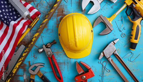 The image is a vibrant Labor Day promotional graphic featuring an American flag, a yellow safety helmet, and various tools, with bold text celebrating the holiday photo