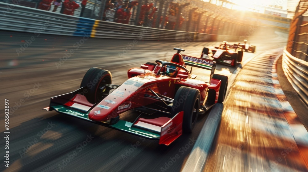 Fototapeta premium Motion blur, Race driver and race car racing on speed track, Car race on asphalt race track crossing finish line.