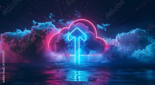 A futuristic cloud with an arrow pointing up, symbolizing the upward trend of digital transformation in business technology and data use cases Generative AI