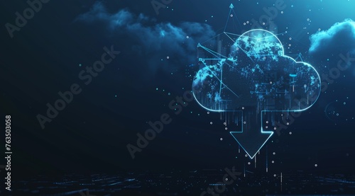 A futuristic background with an arrow pointing up to a cloud symbol, surrounded by glowing data streams and holographic elements on a dark blue background Generative AI