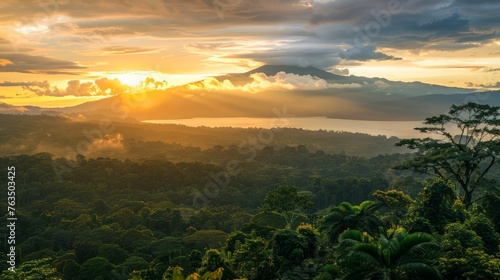 The sun is setting low in the sky  casting a warm golden light over the dense jungle foliage and creating dramatic silhouettes of the trees