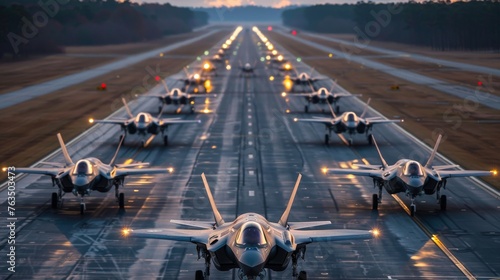 Row of Fighter Jets on Airport Runway photo