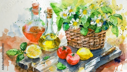 Aquarelle Panier d'osier avec pot de terre, tomates, fleurs coupées, basilic, huile d'olive, citrons