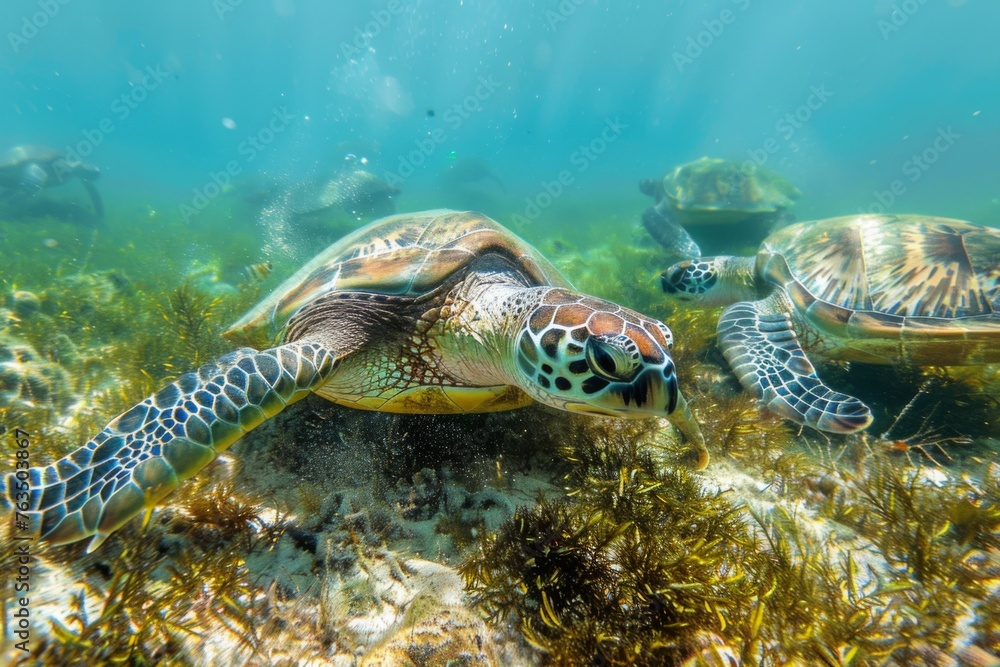 Close-up of a sea turtle swimming near the seabed. Close-up of a sea turtle swimming near the seabed.