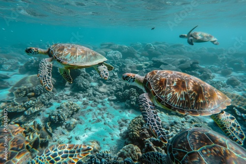 A Group of Sea Turtles in Clear Waters. Underwater Marine Life.