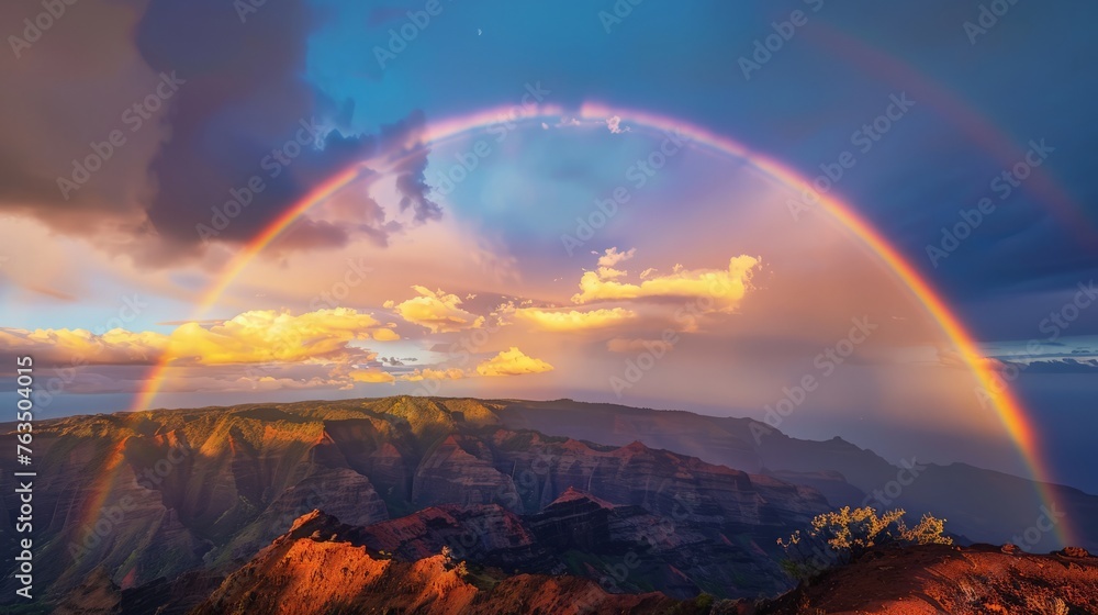 A double rainbow arches over a majestic mountain range, creating a stunning natural phenomenon in the sky