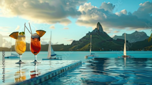 two colorful cocktails in tall glasses on the edge of an infinity pool with an orange and red drink. Colorful sky over the islands with sailboats and tropical palm trees moored nearby. photo