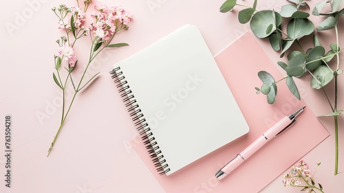 an office desk arranged with a notebook, delicate pink flowers, refreshing eucalyptus branch, and empty pink paper, offering a perfect blend of style and functionality with ample copy space.