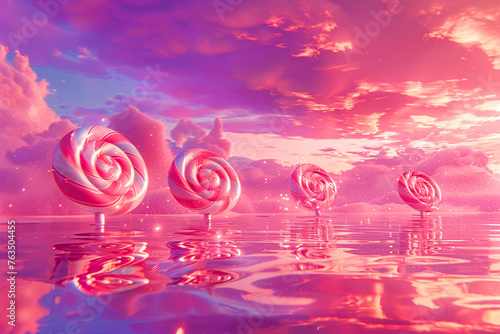 On a quiet lakeside at dawn, where the water reflects the pastel sky, a gentle breeze carries a kaleidoscope of colorful candies and lollipops across the surface photo