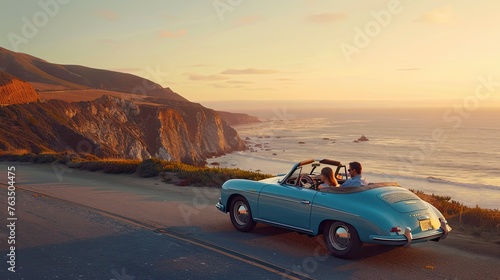 Happy couple driving a vintage blue car along a coastal road, golden hour lighting, ultra-realistic photography.