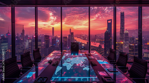 On a rooftop overlooking the city skyline at sunset an empty conference table sits photo