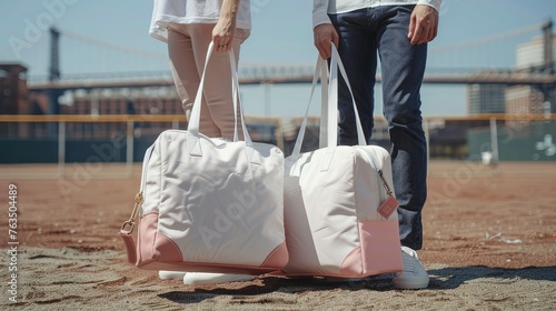 Two people are holding white and pink travel bags with leather inserts on the sides. The bag sits level with the ground, highlighting its long handle, which gives it a stylish appearance.