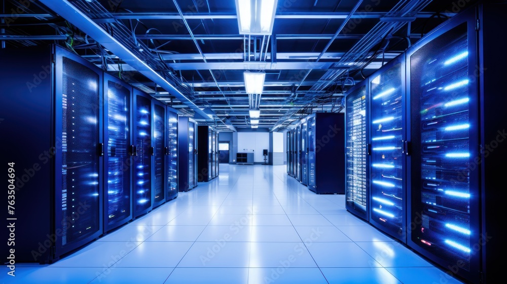 Depict a state of the art data center with rows of server racks, cooling systems, and redundant power supplies Depict a state of the art data center with rows of server racks, cooling systems, and redundant power supplies