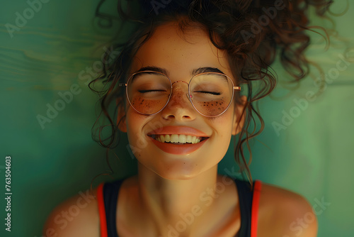 portrait photo of a young girl with eyeglasses in his mid-20s, close-up, his expression is very relaxed almost in a state of ecstasy or trance and he keeps his eyes closed photo