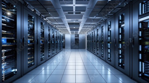 Depict a state of the art data center with rows of server racks, cooling systems, and redundant power supplies