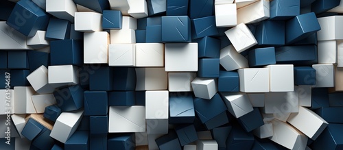 white and blue cubes in a chaotic pattern.