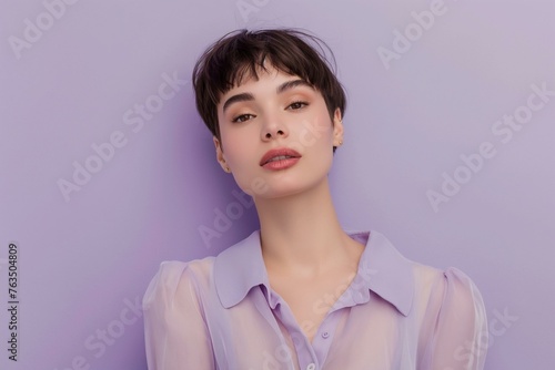 Portrait of a graceful woman with pixie cut hairstyle and red lips looking at camera against purple background.
