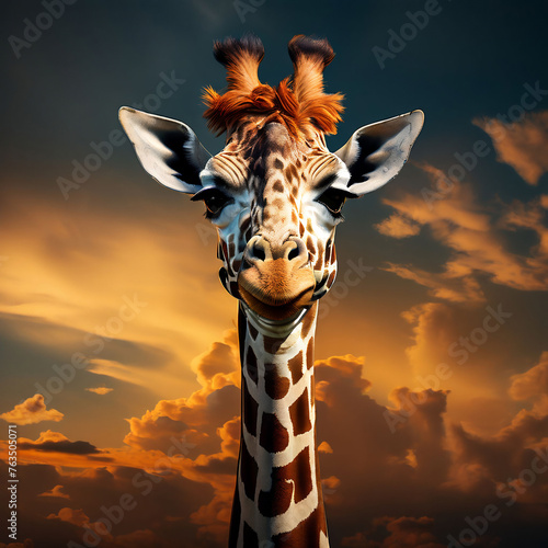 The African animal is a giraffe. A mammal with a long neck and a spotted body. Herbivorous.
