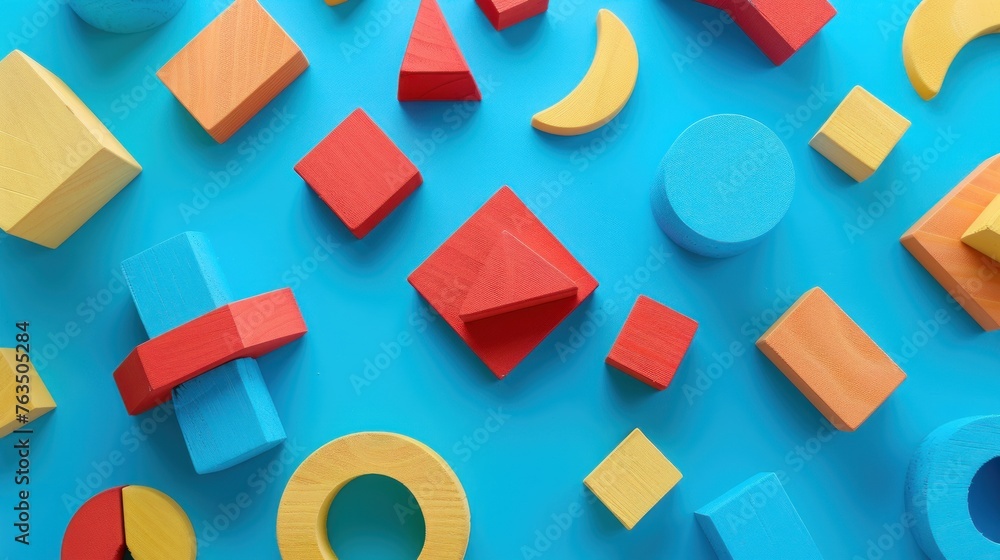 Different colorful shapes wooden blocks education on blue background. AI generated image Different colorful shapes wooden blocks education on blue background. AI generated image