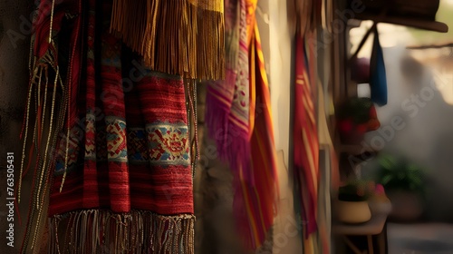 Colorful hand-woven fabrics hanging in a shop in India