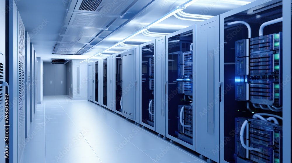 Naklejka premium Depict a state of the art data center with rows of server racks, cooling systems, and redundant power supplies