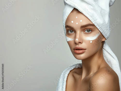 A well-groomed young woman wrapped in a towel after bathing takes care of facial skin hydration, creams and lotions for rejuvenating and smooth skin.