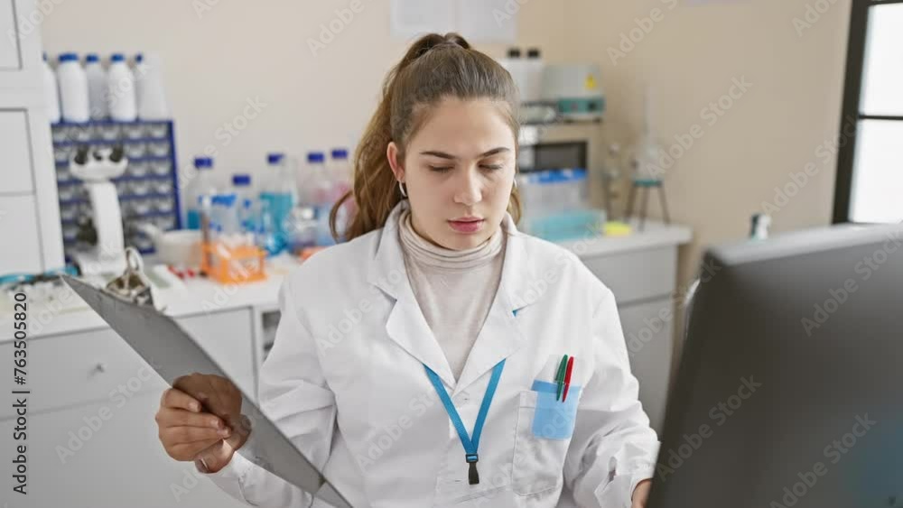 A focused hispanic woman scientist reviews data in a laboratory setting, exuding professionalism and concentration. A focused hispanic woman scientist reviews data in a laboratory setting, exuding professionalism and concentration.