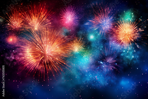 Vibrant fireworks exploding in a starry night sky, celebrating festive occasions. 