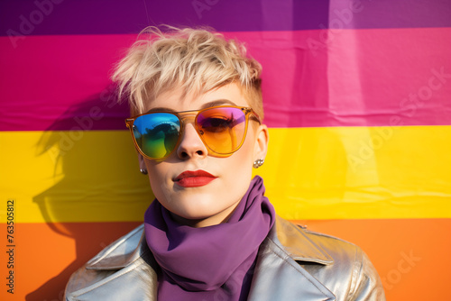 A fashionable individual with short blonde hair and colorful sunglasses posing in front of a bright pride flag backdrop. 