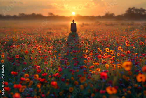 A person standing amidst a field of flowers at sunrise, with a warm glow on the horizon #763506078