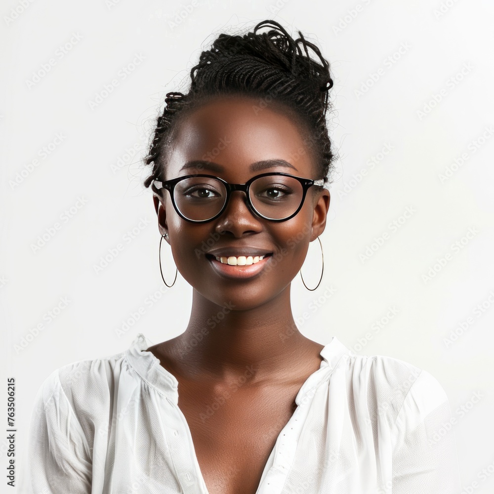 photo of a smiling girl IT engineer on a white background, without glasses, in a free pose, beautiful loose clothes, dark skin, high quality, detail, high resolution, good soft studio lighting