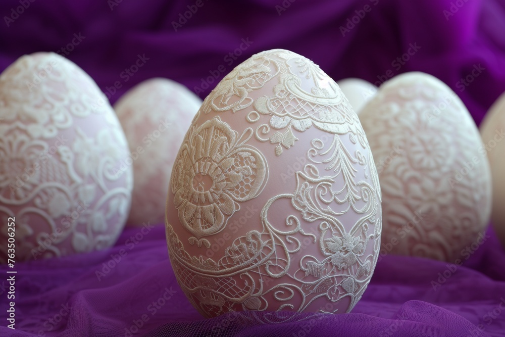Eggs featuring elegant, Victorian-era lace patterns in soft white and cream, against a deep, royal purple background. Eggs featuring elegant, Victorian-era lace patterns in soft white and cream, against a deep, royal purple background.