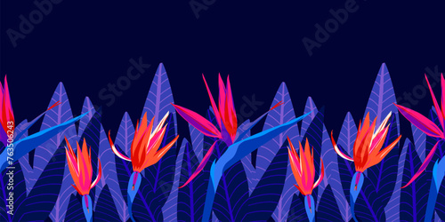 Tropical flower seamless border pattern with modern neon pink, purple color strelitzia, leaf horizontal background, hand drawing illustration © LilaloveDesign