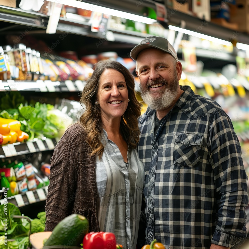 Photo for social media advertisement. Full size body on photo. A couple, a woman and a man who are truck drivers, they are about 45 yo, are buying healthy food at the store togather