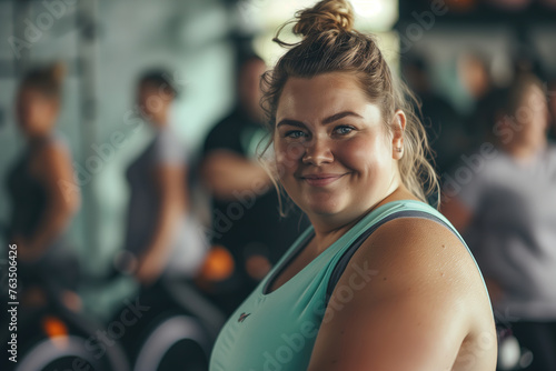 A young fat woman is exercising in the gym