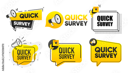 Quick Survey. Megaphone label collection with text. Marketing and promotion. Vector Illustration.