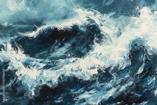 An abstract expressionist painting of a stormy sea, capturing the power and chaos of the waves in bold strokes. © furyon