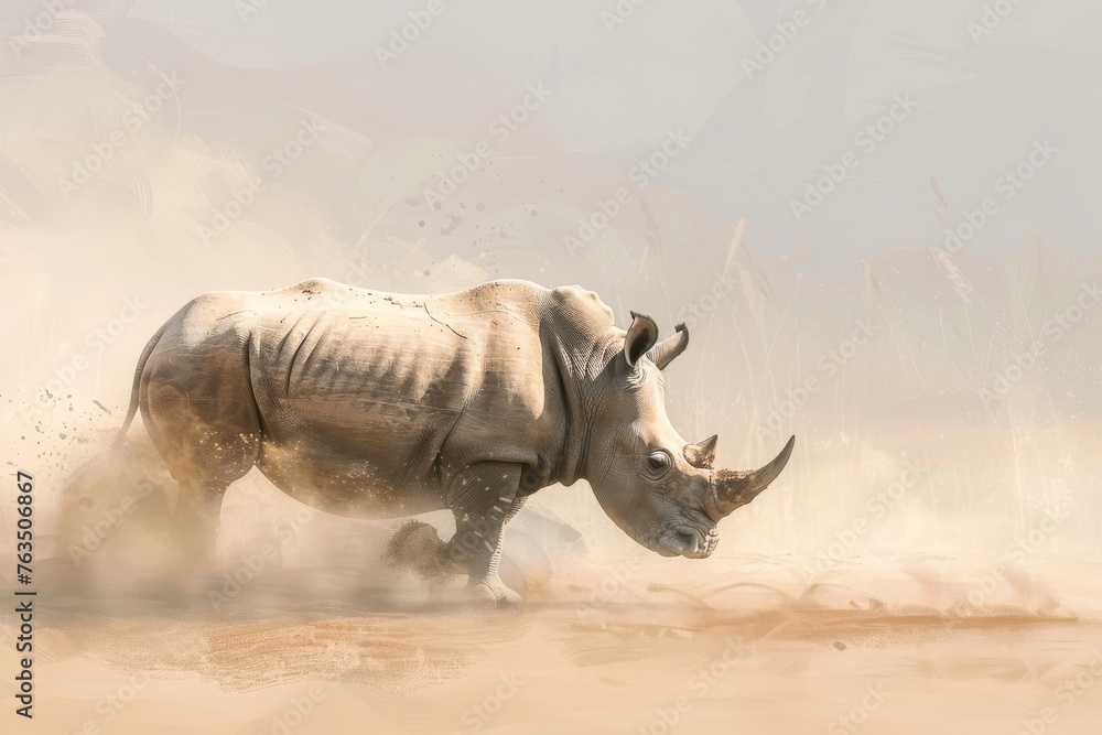 Obraz premium Digital art of a lumbering rhinoceros on the dusty African savannah.