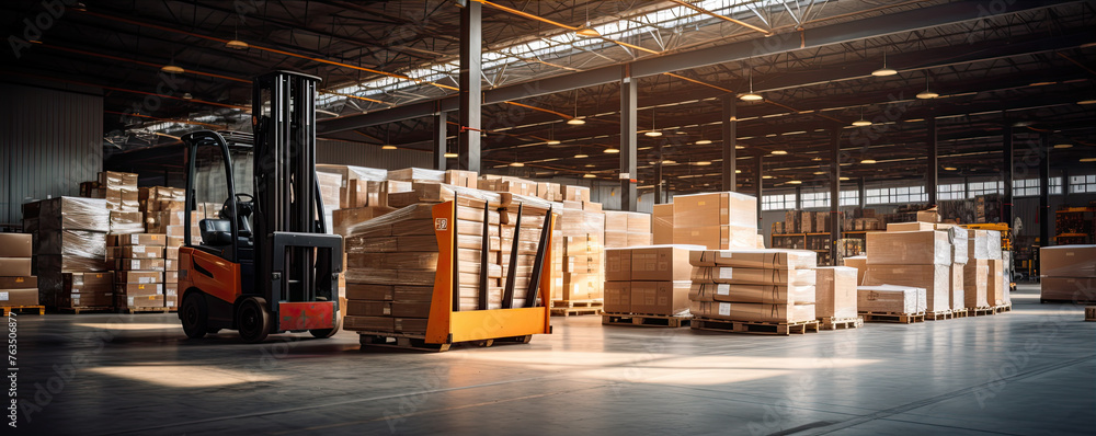 Modern future fork lift in warehouse. Heavy truck loadre in factory house. copy space for text. Modern future fork lift in warehouse. Heavy truck loadre in factory house. copy space for text.
