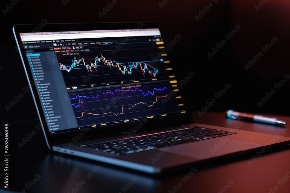 Financial stock market on a laptop screen. Stock market curve on screen. Investing in the stock market. Sotck exchange. Stock market training. Financial stock market on a laptop screen. Stock market curve on screen. Investing in the stock market. Sotck exchange. Stock market training.