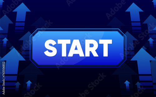 Start button floating in space. Level UP. Futuristic screen blue background. Arrows can be turn into motion graphics. Vector illustration.