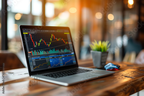 Financial stock market on a laptop screen. Stock market curve on screen. Investing in the stock market. Sotck exchange. Stock market training.