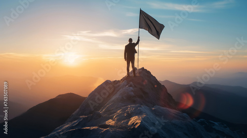 businessman standing hold winner flag on top mountain. mission complete. business achievement concept.