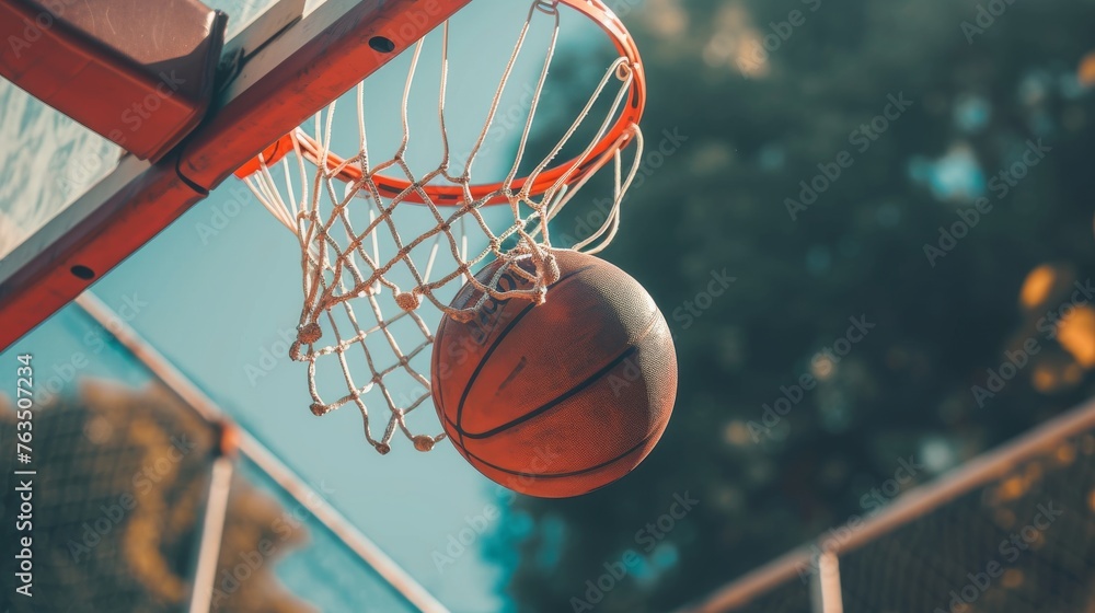 Basketball ball on the basketball hoop. Vintage style. Selective focus