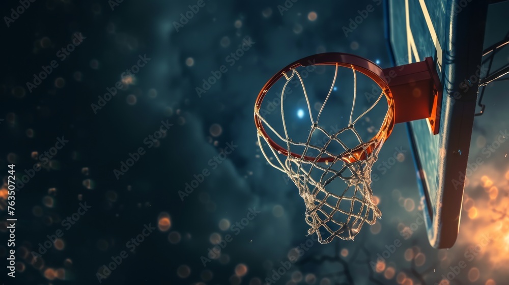 Basketball hoop and ball on dark background